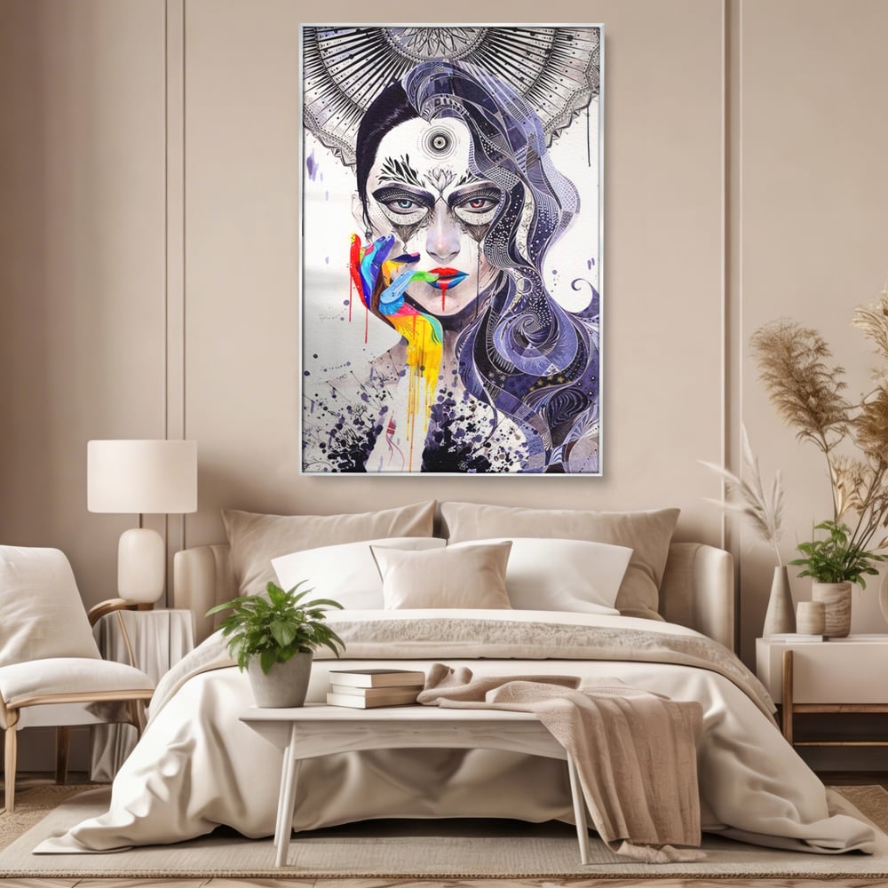 Tablou canvas cu tablou canvas cu portret abstract feminin, in rama de aluminiu argintiu, pe perete intr-un dormitor